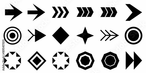 Collection of black geometric shapes including arrows diamonds and circles