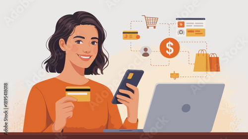 Smiling woman holds a credit card and smartphone while engaging in online shopping with e commerce icons