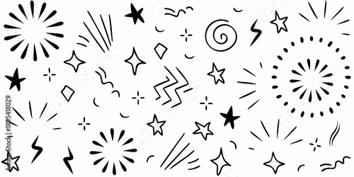 Abstract black and white doodle with various starburst and linear shapes