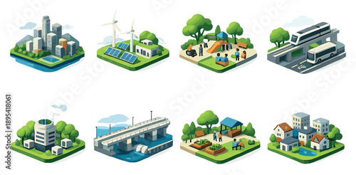 Ideal City Concepts Set set of icons in flat isometric style: balanced skyline, renewable power hubs, inclusive public spaces, efficient transit, clean air. Vector icons