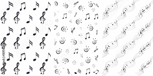 Seamless pattern of various musical notes and symbols on a white background
