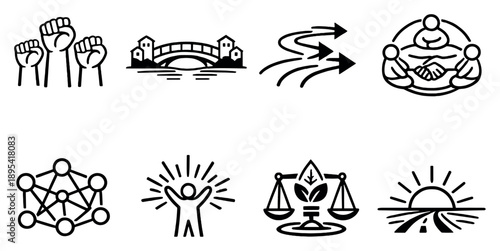 Collective Progress and Justice in outline style: solidarity raised hands, community bridge, reform pathway arrows, restorative justice circle, trust network. Vector icons