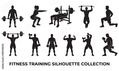 Fitness training silhouette collection of weightlifting and workout exercises vector illustration