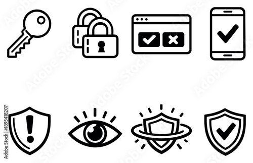Account access security system in outline style: access key, layered lock icons, approval prompt screen, device checkmark, risk alert shield, monitoring eye. Vector icons