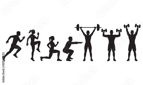 Fitness workout silhouettes of athletes running, squatting and lifting weights vector illustration