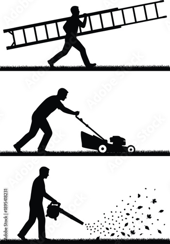 Man performing yard work silhouette set featuring professional gardener carrying ladder mowing lawn with mower and using leaf blower outdoors