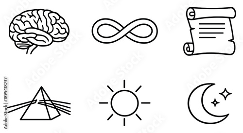Existence and Meaning in outline style: Brain Outline, Infinity Symbol, Scroll, Prism, Sun, Moon. Vector icons