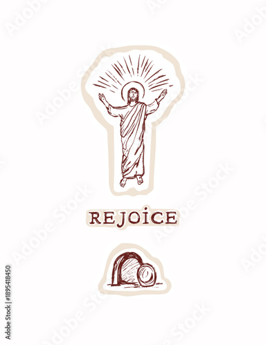 Easter blessings holy week he is risen Jesus Christ tomb christian religious card illustration. Hand drawn greeting print vintage modern. Isolated editable vector black white calvary golgotha motif 