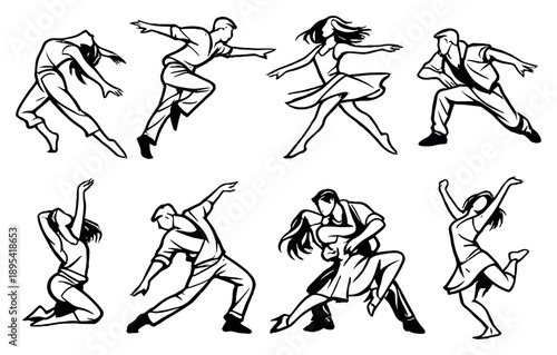 Movement and Expression in outline style: expressive pose, body gesture, dance motion, arm sweep, posture shift, emotional movement, physical storytelling. Vector icons