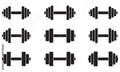 Set of dumbbell icons – black fitness weights silhouette vector pattern