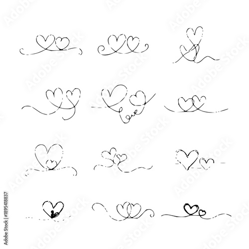 Collection of hand-drawn scribbled heart icons and decorative elements for Valentine's Day or romantic designs