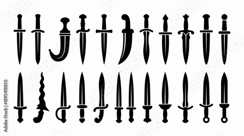 Traditional Dagger Silhouette Vector Set – 24 Black Knife Icons Featuring Curved, Straight, and Ornate Blades for Historical, Cultural, and Decorative Design