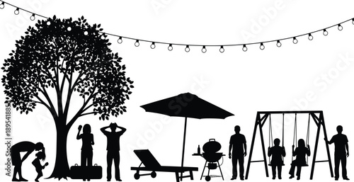 Black Silhouette Vector of a Family Enjoying Backyard Activities Featuring Children on Swings a Large Tree and Outdoor Patio Furniture