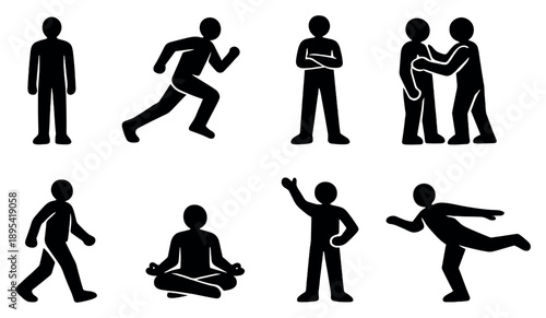 Minimal Human Figures Toolkit in outline style: neutral silhouette, action pose, idle stance, interaction pose, directional movement, grounded posture. Vector icons