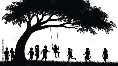 Black Silhouette Vector of a Happy Family With Two Children Walking and Holding Hands Isolated on a Plain White Background