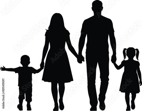 Black Silhouette Vector of a Happy Family With Two Children Walking and Holding Hands Isolated on a Plain White Background