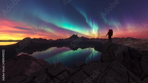 Hiker on Mountain Peak Watching Spectacular Northern Lights Over Reflective Lake and Majestic Landscape