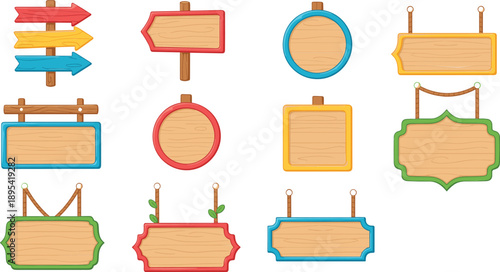 Colorful wooden signboard set with hanging boards arrows and blank frames for shop signage illustration design