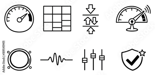 Streaming quality adjustment in outline style: bitrate gauge, resolution grid, adaptive streaming arrows, bandwidth meter, stability ring, sync pulse. Vector icons
