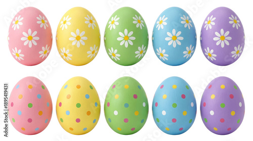 Pastel colored easter eggs arranged in two rows with floral patterns on a white background in a studio high-key lighting with cutout object