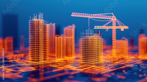 A futuristic city skyline with glowing wireframe buildings and a construction crane, showcasing advanced architectural design and technology.