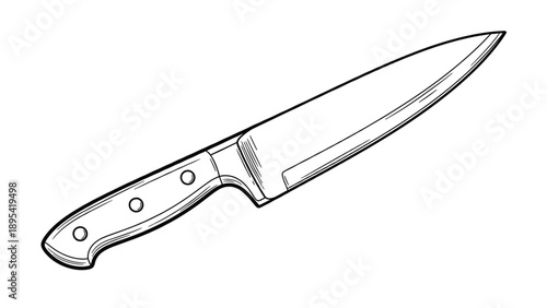 Line drawing of a chef's knife with a wooden handle and three rivets. The blade is sharp and pointed, suggesting precision and professionalism.