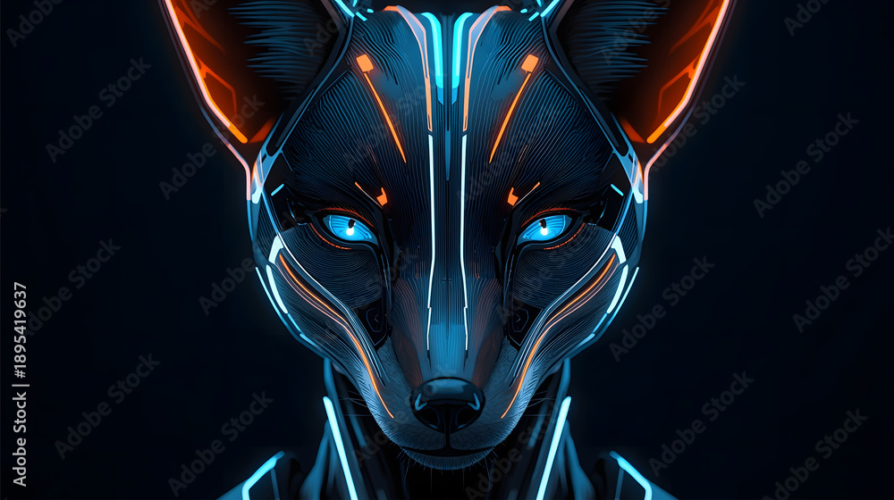 Naklejka premium modern futuristic portrait of a fox on black background