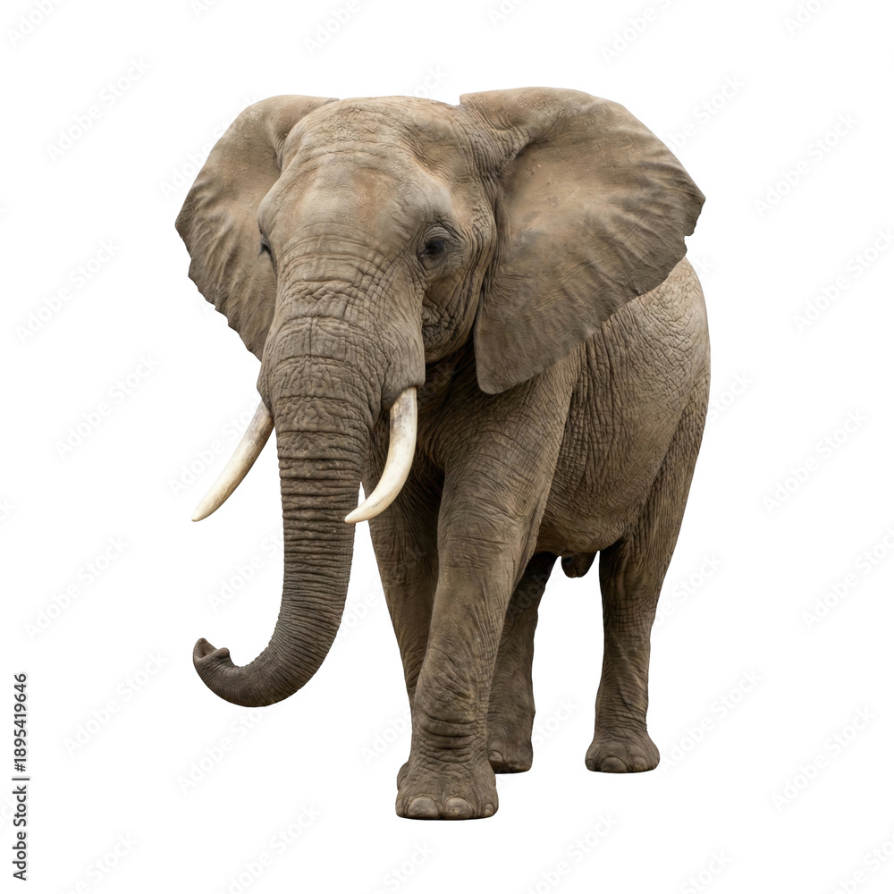 Obraz premium Large African elephant with tusks walking towards camera, isolated on transparent background
