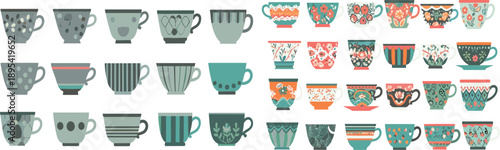 Colorful Patterned Mugs and Teacups Icons Flat Style Vector Set Isolated on White Background