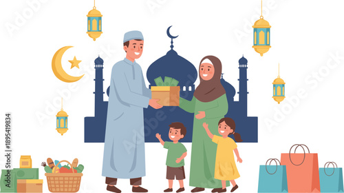 Muslim family giving charity donation during Ramadan with mosque lanterns and Eid generosity illustration design