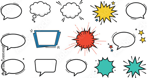 Comic speech bubble and explosion outline set with pop art dialogue shapes for cartoon illustration design