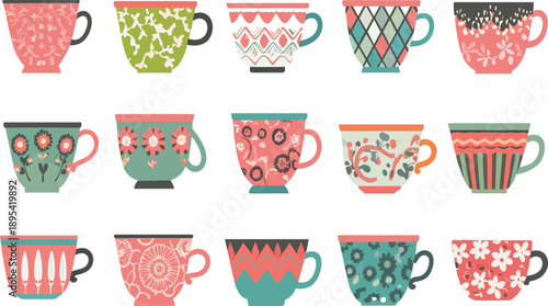 Set of Decorative Coffee and Tea Cups Flat Vector Illustration with Floral and Geometric Patterns Isolated on White