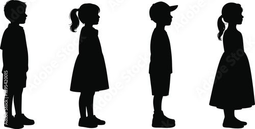 Black silhouettes of standing children in profile view, boys and girls figures, minimal design, childhood concept, isolated on white background