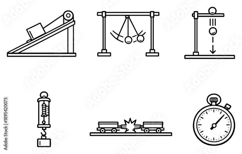 Classical physics experiments in outline style: inclined plane setup, pendulum motion rig, free fall object drop, force spring scale, collision track system. Vector icons