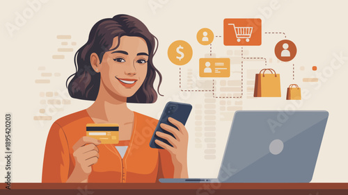 Smiling woman holds a credit card and smartphone while shopping online with a laptop