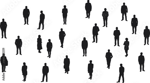 Business people silhouettes standing and walking, isolated on white background, representing professional crowd distribution, corporate lifestyle, anonymity, teamwork, modern urban society concepts