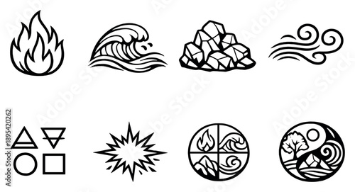 Classical Elements in outline style: blazing fire icon, flowing water wave, solid rock earth, wind gust lines, elemental symbols set, natural energy spark. Vector icons