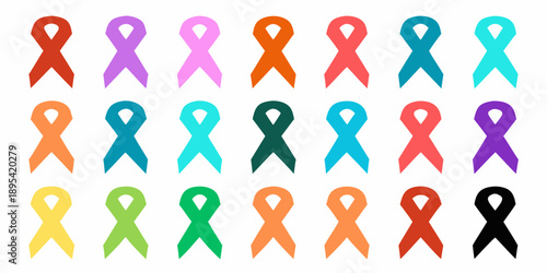 A collection of colorful awareness ribbons arranged in a grid pattern