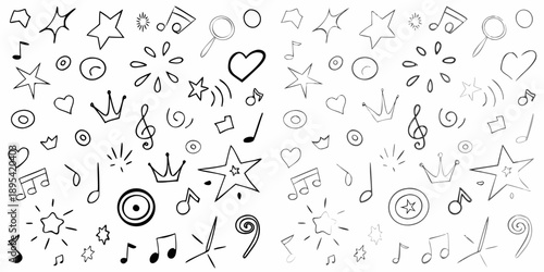A whimsical pattern of hand drawn musical notes stars hearts and crowns