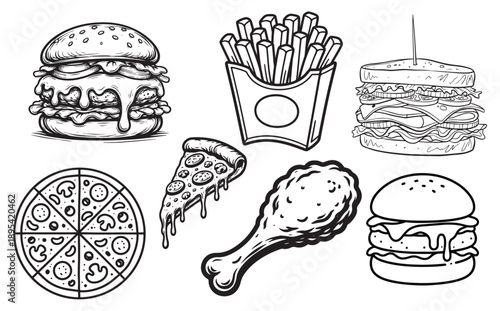 Set of fast food illustrations featuring burger, french fries, pizza, sandwich, and fried chicken line art, ideal for restaurant menus, cafe branding, food packaging, and social media marketing.