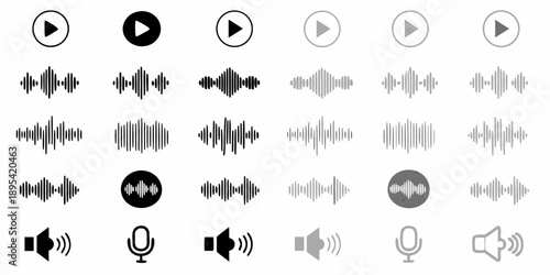 Collection of play buttons and audio waveform icons in varying styles