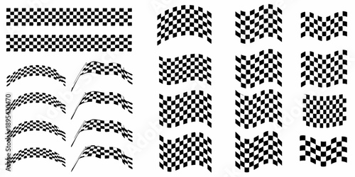 Collection of black and white checkered flags in varying orientations