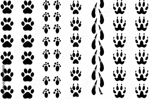Collection of black paw prints in various arrangements and sizes