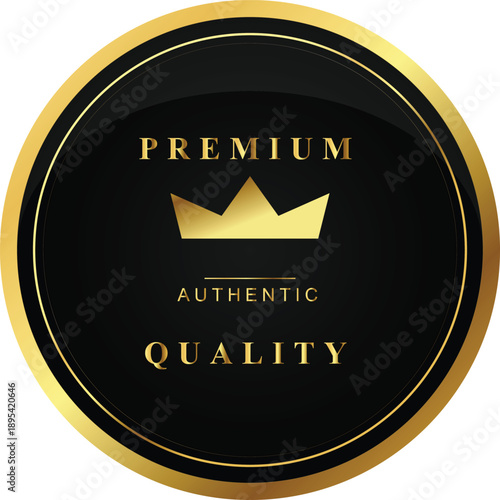 Elegant black and gold premium quality badge with crown icon, glossy finish, luxury label design isolated on transparent background