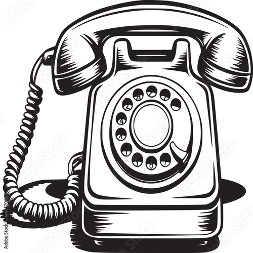 Illustration of a vintage rotary dial telephone in black and white on a plain background