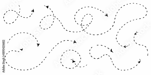 A flock of birds in flight depicted with dotted lines