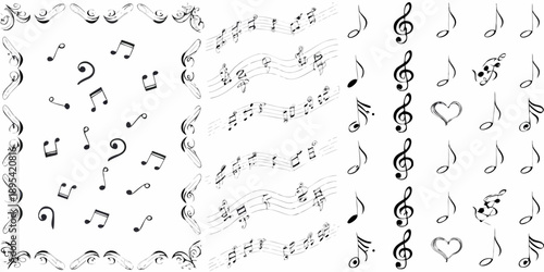 A collection of musical notes and symbols on a white background