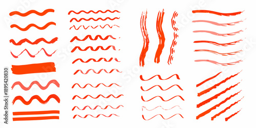 Abstract red brushstrokes and wavy lines on a white background
