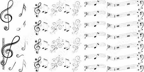 Collection of musical symbols and notes on a white background