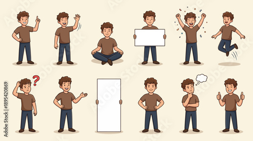 Casual Cartoon Character Vector Set – 12 Male Poses Featuring Emotions, Gestures, Signs, and Everyday Actions for Lifestyle, Presentation, and Educational Design